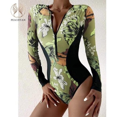 Peachtan Patchwork one piece swimsuit women Zipper swimwear female Sports monokini Print bathing suit O-neck bodysuit 2021 new