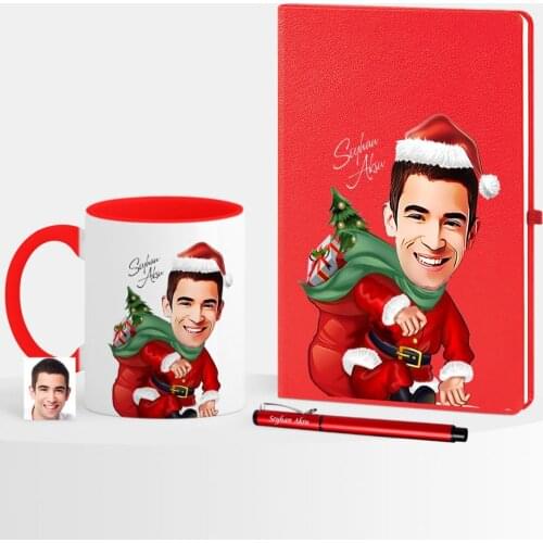 Personalized Christmas Themed Bay Caricature Of Red Notebook Pen Mug set-4