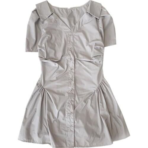 Sweet pink temperament V-neck buttoned summer waist folds slim slimming dress