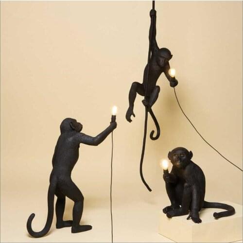 Wongshi Modern Black Monkey Hemp Rope Pendant Light Fashion Simple Art Nordic Replicas Resin Seletti Hanging Monkey Lamp XU