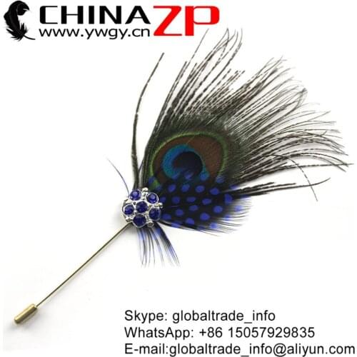 Leading Supplier CHINAZP Factory Good Quality Handmade Natural Peacock With Blue Guinea Feather with Rhinestone Brooch Pin