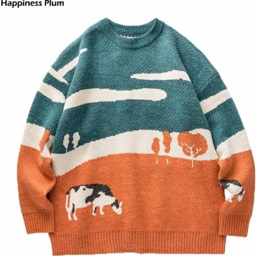 Vintage Cow Sweater Women Men Autumn Winter Cartoon Splice Pollover O-Neck Knitted Streetwear Hip Hop Harajuku Clothes