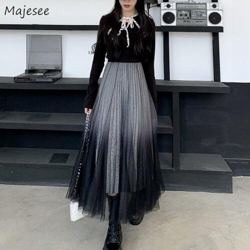 Skirts Women Cool Black Gradient Streetwear A-line Ankle Length Simple Fashionable Bright Silk Double Layer Girls All-match Ins