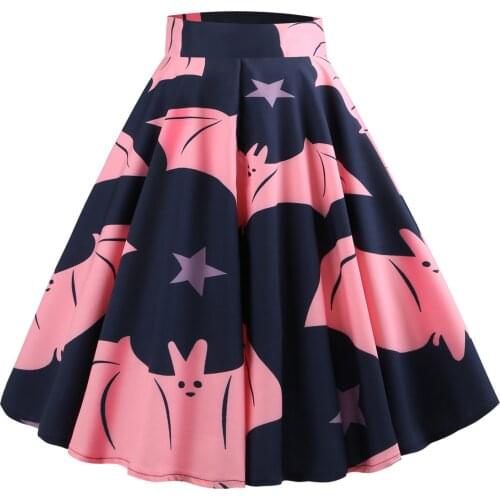 2021 Autumn New Design Christmas Midi Women Skirt Pink Black Bat Print Party Robe Hign Waist Xmas All-match Folds Swing Skirts