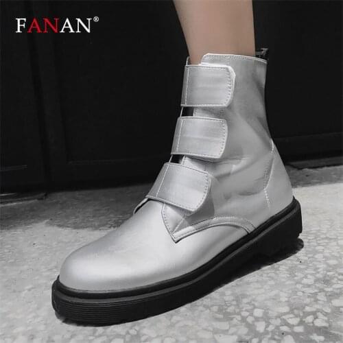 FANAN Autumn Winter Womens Platform Flat Boots Black Silvery Med Heel Ankle Boots For Women Round Toe Female Shoes Big Size