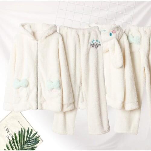 Autumn and winter thick coral fleece cartoon cute white rabbit suit cardigan hooded ladies flannel warm home service
