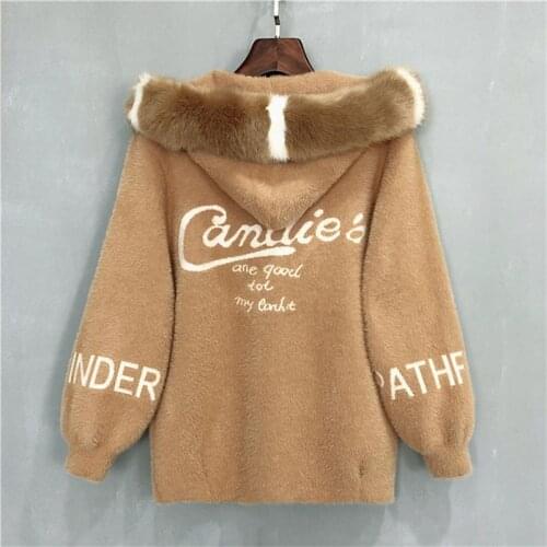 Womens Imitation Mink Velvet Fur Collar Coat Autumn And Winter Loose Letter Embroidery Warm Cardigan Female Hooded Knitted Tops