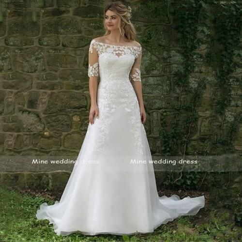 Off the Shoulder Lace Illusion A-Line Half Sleeves Wedding Gown See Through Organza Bridal Dresses vestido de noiva princesa