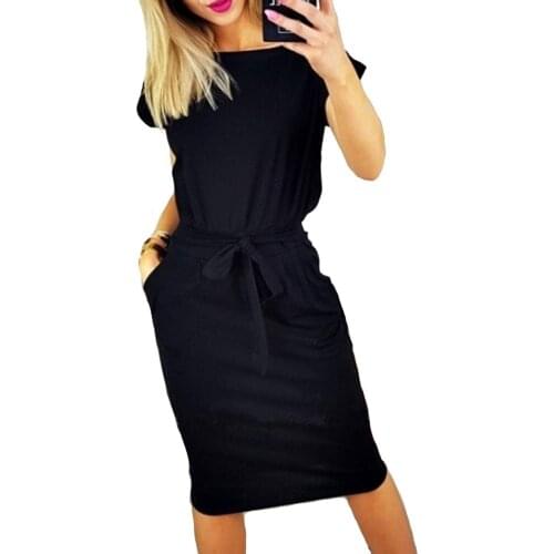 Hitmebox 2019 New Spring Summer Womens Short Sleeve Boat Neck Slim Fit Pocket Casual Knee Length Cotton Midi Dress W/Belt 3color