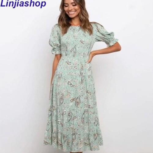 Womens 2021 summer new fashion midi dress temperament pleated wrinkles round bubble sleeves Slim thin print long dress