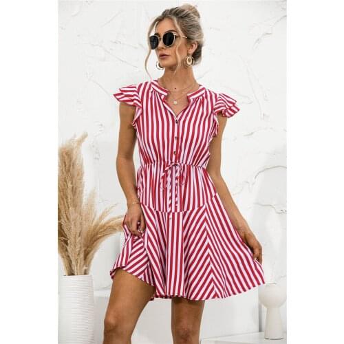 Summer Dress Femme Robes Women Clothing Striped Print A-Line Dresses Button V-Neck Flying Sleeves Mini Dress For Women Vestidos