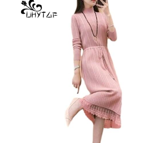 UHYTGF Womens Knit Spring Dress Fashion Turtleneck Pullover Sweater Dress Ladies Solid Color Elasticity Long Dress Plus Size 187
