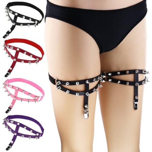 1 PCS Sexy Womens Stretch Leather Leg Loop Garter Belt Punk Goth egirls Harajuku Double Row Rivet Spiked Garter Clip Stockings