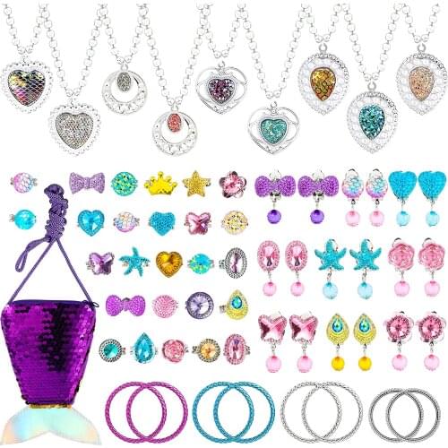 62Pcs Jewelry Mermaid Princess Pretend Decorate Play Set Toddlers with Rings Necklaces Bracelets Earrings for Little Girl