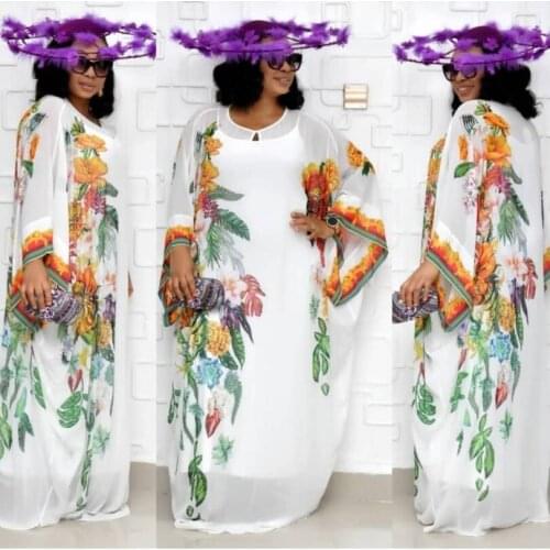 African Dresses For Women New Chiffon Big Sleeve Dress Maxi Long Floral dress With Elastic Long Inner Africa Clothing