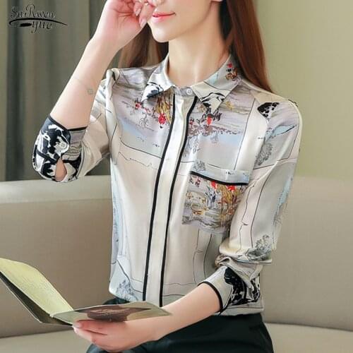 2021 New Spring Elegant Printing Long Sleeve Chiffon Blouse Satin Silk Turn-over Collar Women Shirt Tops Chemisier Femme 8193 50
