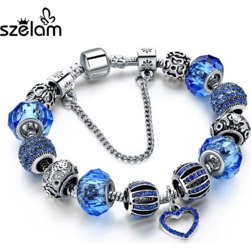 Szelam Diy Crystal Heart Charm Bracelets Women With Blue Murano Beads Silver Jewelry Pulsera SBR160255