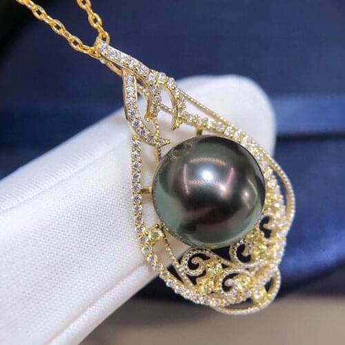 D822 Pearl Pendant Fine Jewelry 925 Sterling Silver Round 11-12mm Nature Sea Water Tahiti Black Pearls Pendants Necklaces Gifts