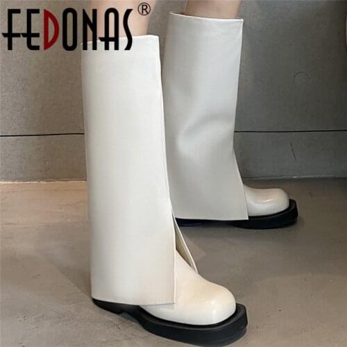 FEDONAS Popular Fashion Women Knee-High Boots Party Casual Thick Heels Concise Genuine Leather Round Toe Long Shoes Woman Newest