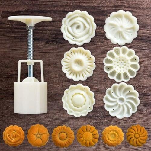 6 Style Round Flower Mooncake Mold 50g Mid Autumn Festival DIY Hand Pressure Fondant Moon Cake Mold Cooker Cutter Baking Tool