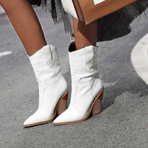 IPPEUM 2021Fish Scales Pattern Leather Boots Women Sexy Pointed Toe Thick High Heel Ladies Ankle Boots Fashion Dress Shoes Women