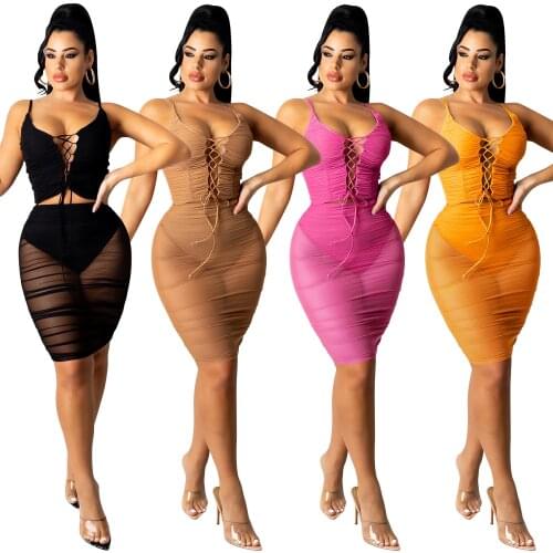 Zoctuo Sleeveless Crop Top Skirt Set Lace Up Pleated 2 Piece Midi Skirt Sets Solid See Through Mesh Summer Bodycon Skirt Sets