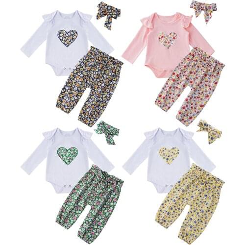 Newborn Baby Girl Autumn Lovely Clothes Set Fashion Heart Print Romper Top Floral Pants Headband New born Infant Clothing Sets