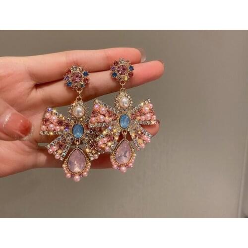 Luckydays Korean Luxury Pink Rhinestone Bowknot Drop Earrings For Women Fashion Waterdrop Crystal Pendientes Party Jewelry