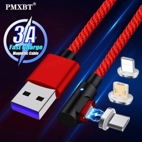 Magnetic Charge Cable Micro USB Type C Wire 3A Fast Charging For iphone X Samsung S10 Huawei USB C 90 Degree Magnet Charger Cord