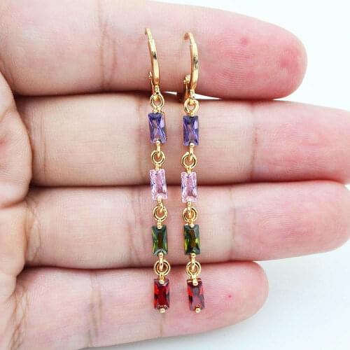 Fashion Jewelry Fresh Style Multicolor Rainbow Geometric Cubic Zirconia CZ Drop Dangle Gold Color Earrings for Women