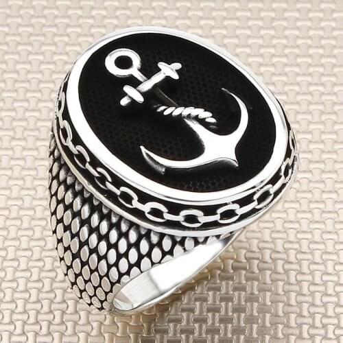 Sterling Silver Oval Anchor with Chain Model Ring Handmade Jewelery Men For Ring Made in Turkey