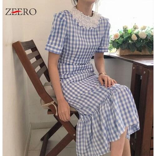 Summer Women Vintage Plaid Patchwork Lace Maxi Mermaid Dress Elegant Korean Female Casual Sashes Long Party Dresses Vestidos