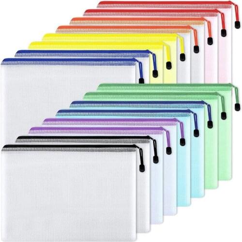 PPYY-16Pcs Mesh Zipper Pouch Document Bag,Waterproof Zip File Folders,A4 Size, for School Office Supplies,Travel Storage Bags