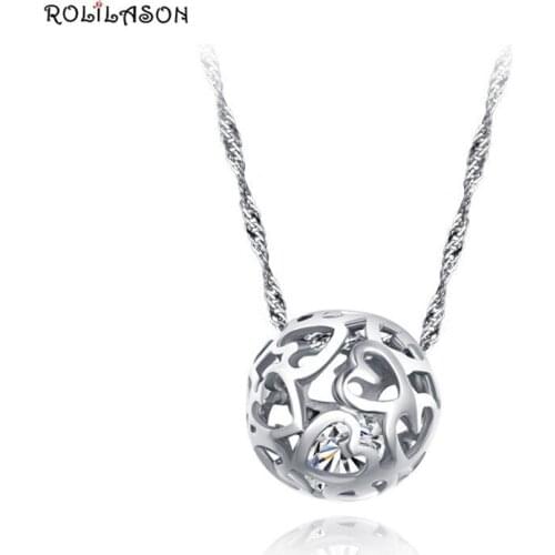 ROLILASON 925 Pure sterling silver lucky round Topaz Hollow necklace pendant shining for gifts