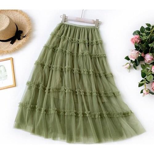 Multi-layer Romantic Mid-calf Skirt Kawaii Sweet Lace Cake Skirts Women Pure Slim Skirt Summer Long Skirts Faldas