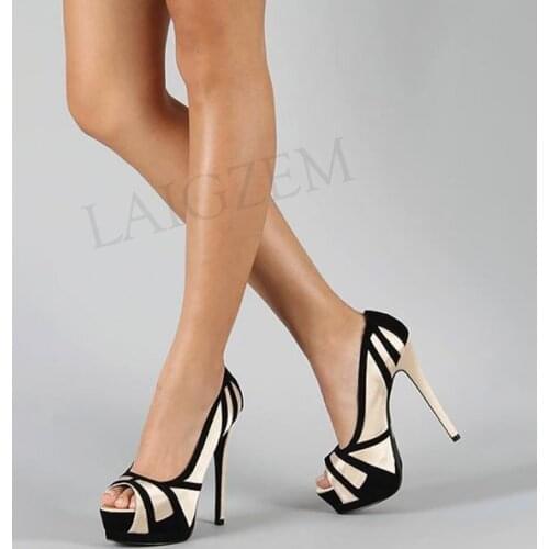SEIIHEM Super Women Platform Pumps Peep Toe Stiletto Heels Patchwork Shoes Woman Wedding Ladies Scarpe Donna Size 43 44 47 50 52
