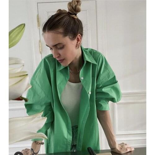 TRAF fashion 2021 summer chic spring temperament light green cotton shirt womens loose casual top refuse collar top