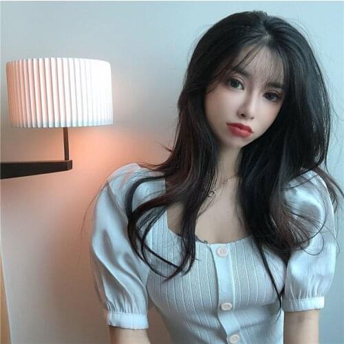 Woman TShirts Square Collar Womens 2021 Summer Knitted Top Puff Short Sleeve Tight T-shirt Crop Top Mujer Camisetas