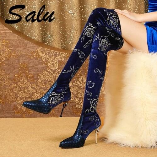 Salu Autumn New Vintage Flowers Print Pointed Toe High Heels Women Over The Knee Boots Party Prom Shoes Woman Long Boots