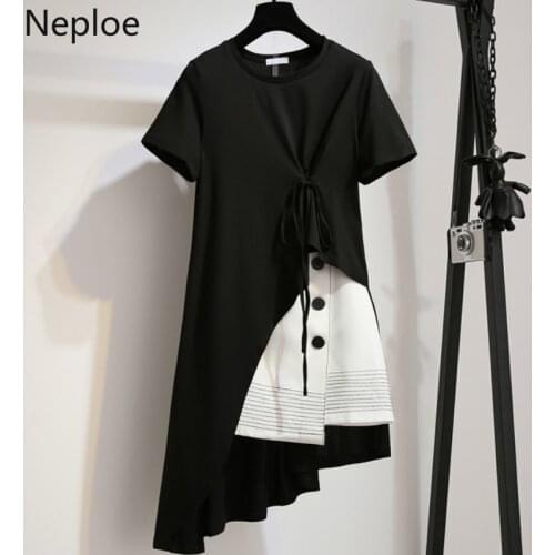 Neploe 2 Piece Set Women Summer Solid O-Neck Short Sleeve Drawstring Dress+Single Breasted Short Skirts Fashion Suits 43662