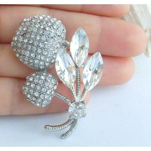 1.97 Inch Silver-tone Clear Rhinestone Crystal Cherry Brooch Art Decorations EE06568C1