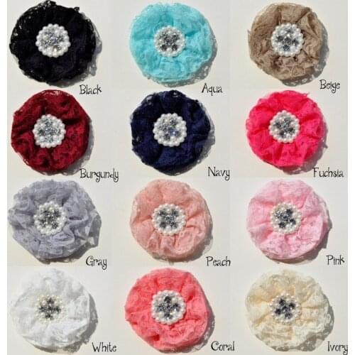 30pcs/lot 9cm 12colors Newborn Lace Beaded Chiffon Flower With Pearl Rhinestone Shabby Lace Ruffled Fabric Flowers For Headbands