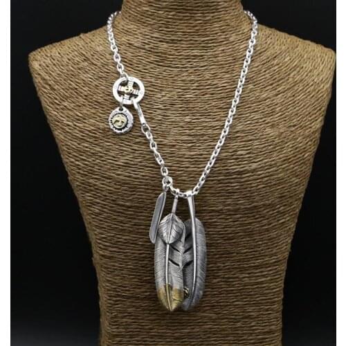56.1g 100% Real 925 Sterling Silver Necklace Men Vintage Indian Style Feather Charm Pendant Designer Jewelry Men Free Gift Box
