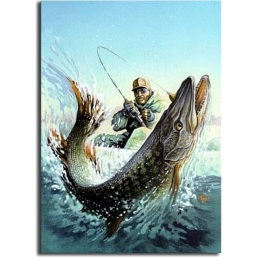 Full Round Diamond Embroidery Cross Stitch Fishermen 5D DIY Diamond Painting Fishing Boat Full Diamond Fish