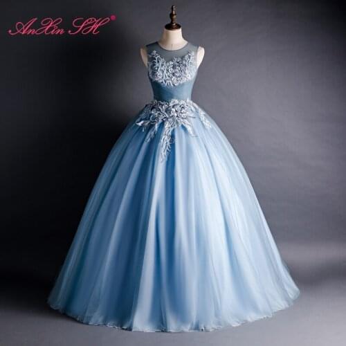 AnXin SH vintage princess lack blue lace o neck sleeveless rose flower illusion bride party ball gown host stage evening dress
