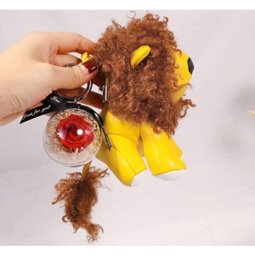 High Quality Leather Lion Monkey Animal Keychain Natural Eternal Flower Key Chain Lanyard Plush Doll Bag Charms Jewelry Gift