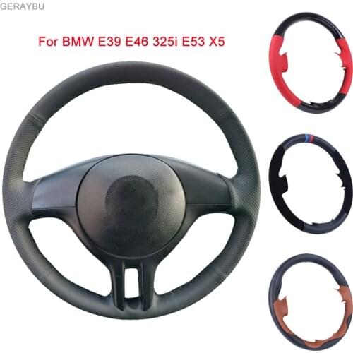 GERAYBU Custom DIY Black Leather Hand-sewn Car Steering Wheel Cover For BMW E39 E46 325i E53 X5 Breathable Wear-resistant