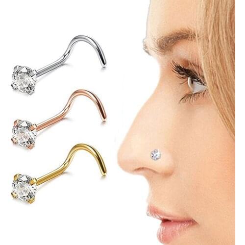 1 Pcs 20G Steel CZ Gem Piercing Nose Screw Curved Prong Nose Stud Rings Body Jewelry Nose Rings Nariz Earrings Nostril Piercings