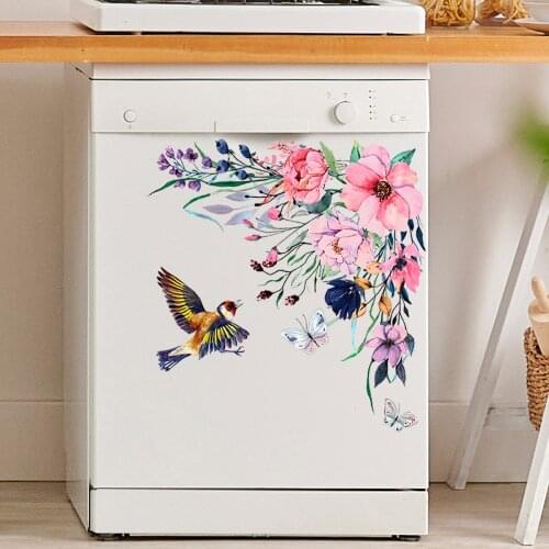 Pink Flowers Bird Wall Stickers Toilet Sticker Refrigerator Decals for Home Decoration Wall Decals Remvoable PVC Art Murals