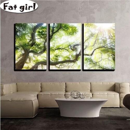 Wall Art Diamond Painting Triptych Green Big Tree Sunshine 5D Diy Full Square Round Drill Mosaic Cross Stitch Kits Embroidery